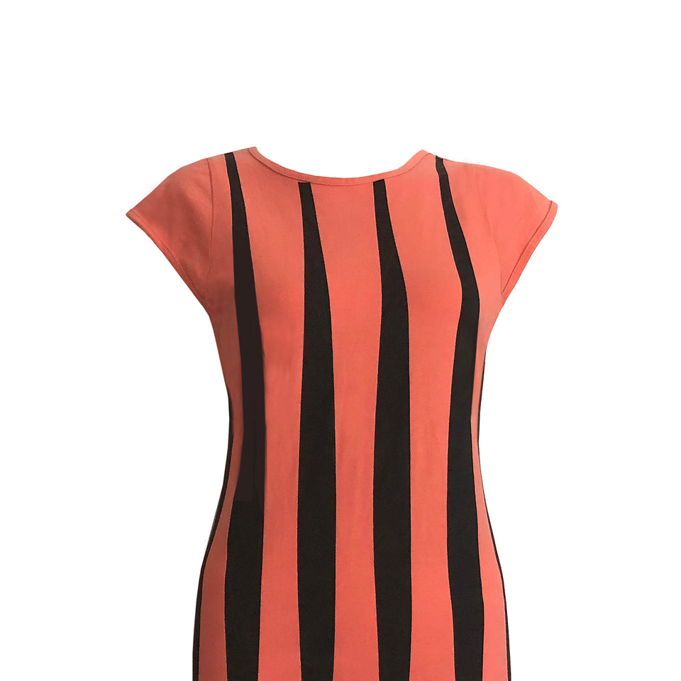 Coral & Black Striped Dress - c.1980