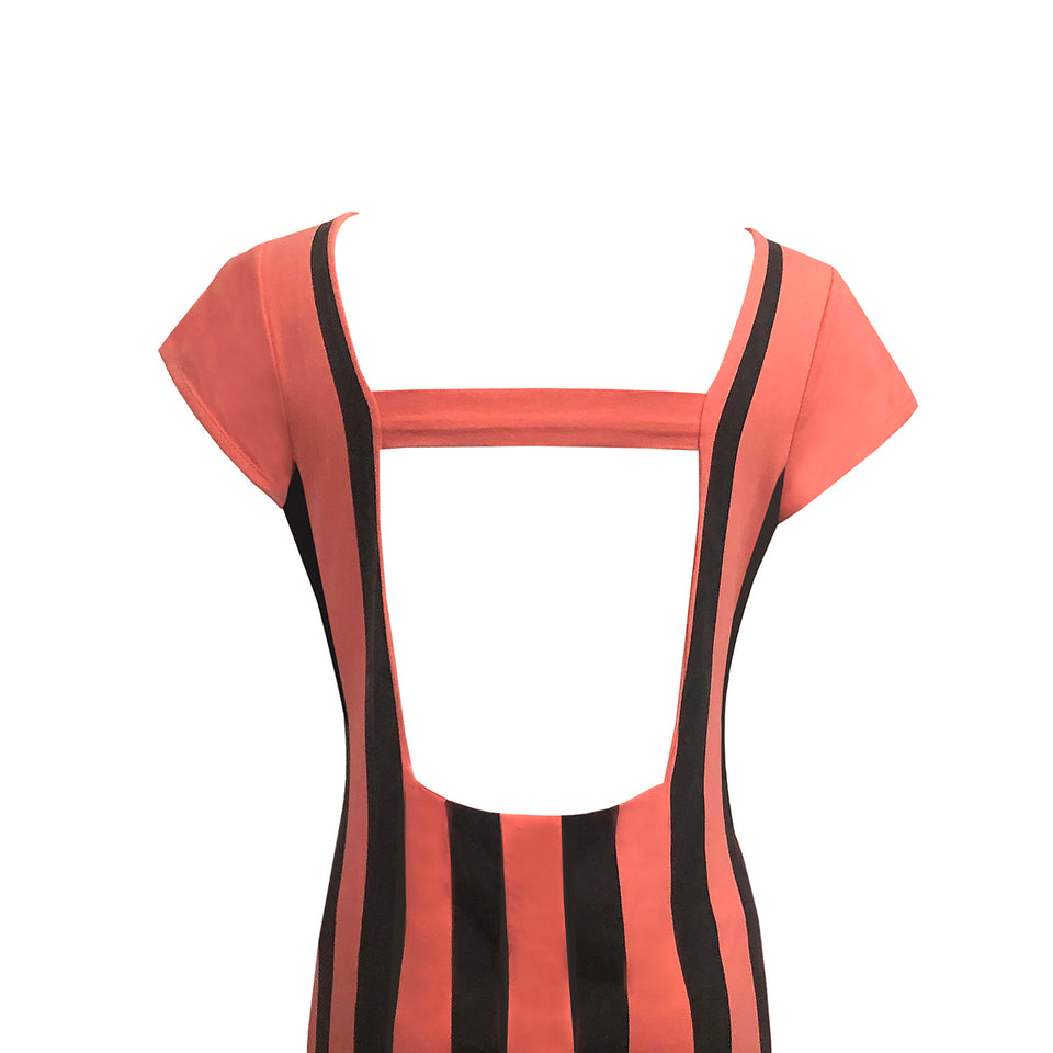 Coral & Black Striped Dress - c.1980