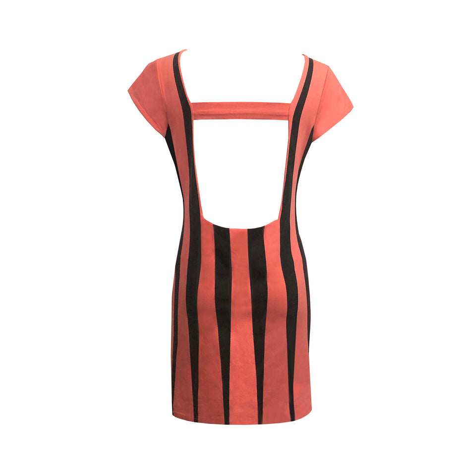 Coral & Black Striped Dress - c.1980